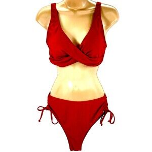 Beachsissi Bikini Cross Front Halter Tie Swim Suit Red M Womens Babydoll Sexy